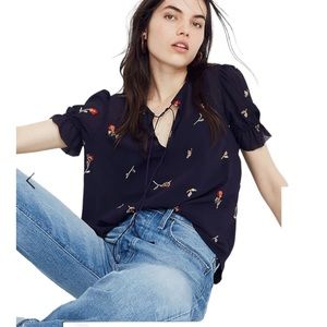 Madewell Embroidered Zephyr Ruffle-Sleeve Top in Sweet Blossoms Blouse | Size XS